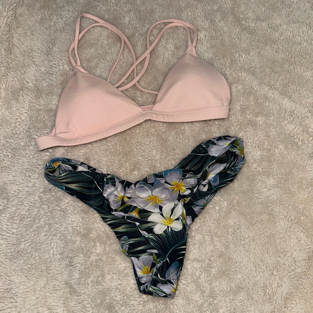 Pink Bikini Top with Floral Bottom